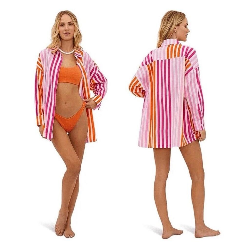 Beach Riot Alexa Pink Orange Swimsuit Cover Up Top Sunset Stripes Large XL NWOT